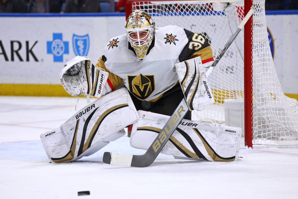 Vegas Golden Knights goaltender Logan Thompson watches the puck during the first period of the ...
