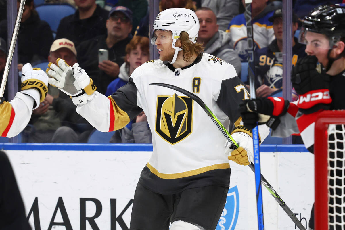 Vegas Golden Knights center William Karlsson (71) celebrates his goal during the second period ...