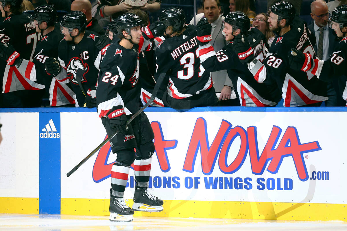 Buffalo Sabres center Dylan Cozens (24) celebrates his short handed goal during the second peri ...