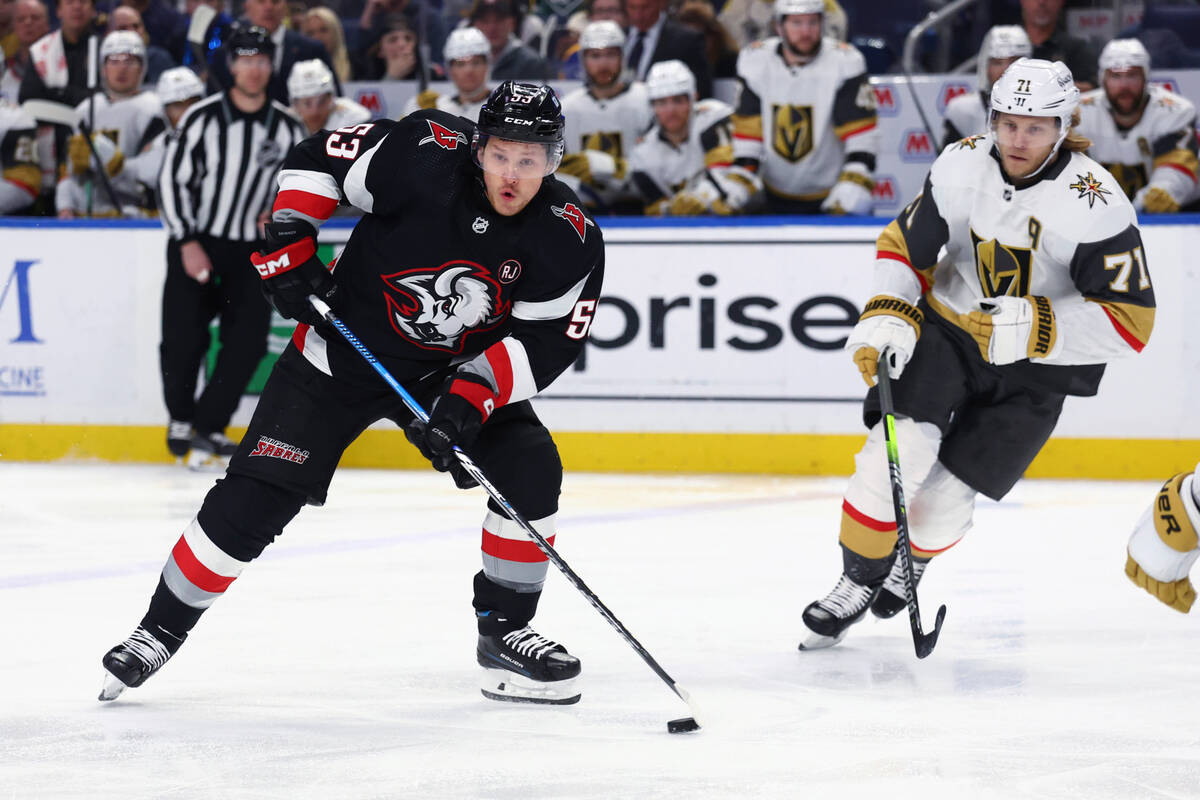 Buffalo Sabres left wing Jeff Skinner (53) carries the puck past Vegas Golden Knights center Wi ...