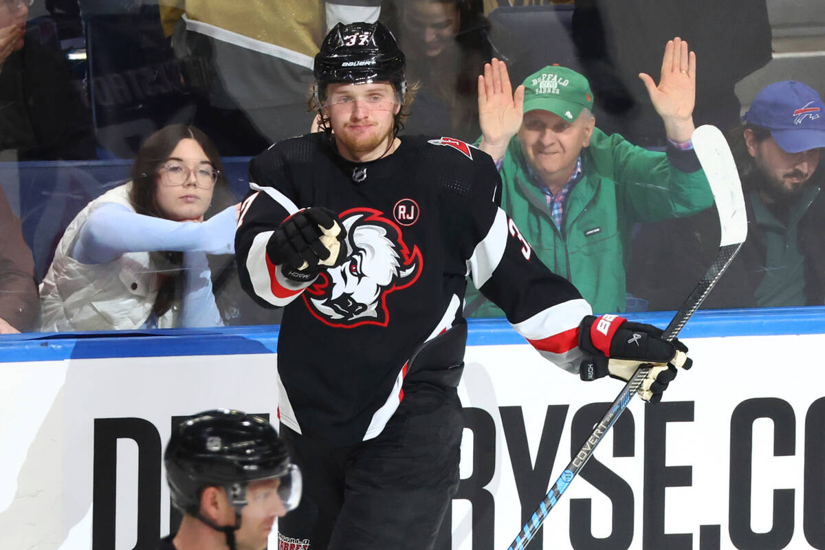 Buffalo Sabres center Casey Mittelstadt (37) celebrates his goal during the third period of an ...