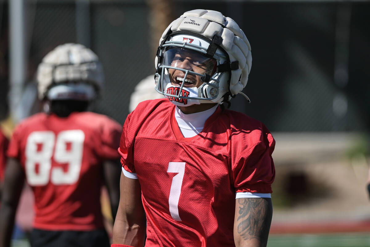 UNLV wide receiver Casey Cain smiles during the first day of spring practice Saturday, March 2, ...