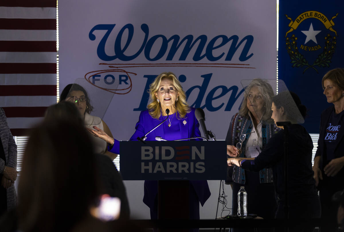 First lady Jill Biden speaks to supporters during a campaign event encouraging women to vote at ...