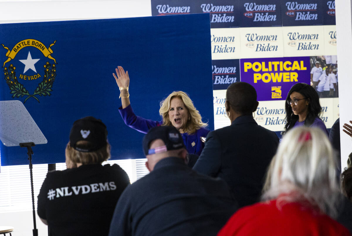 First lady Jill Biden greets supporters as she arrives for a campaign event encouraging women t ...