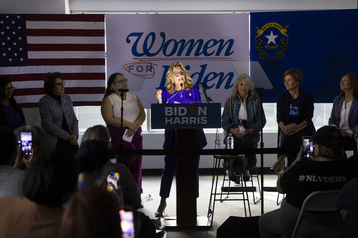 First lady Jill Biden speaks to supporters during a campaign event encouraging women to vote at ...