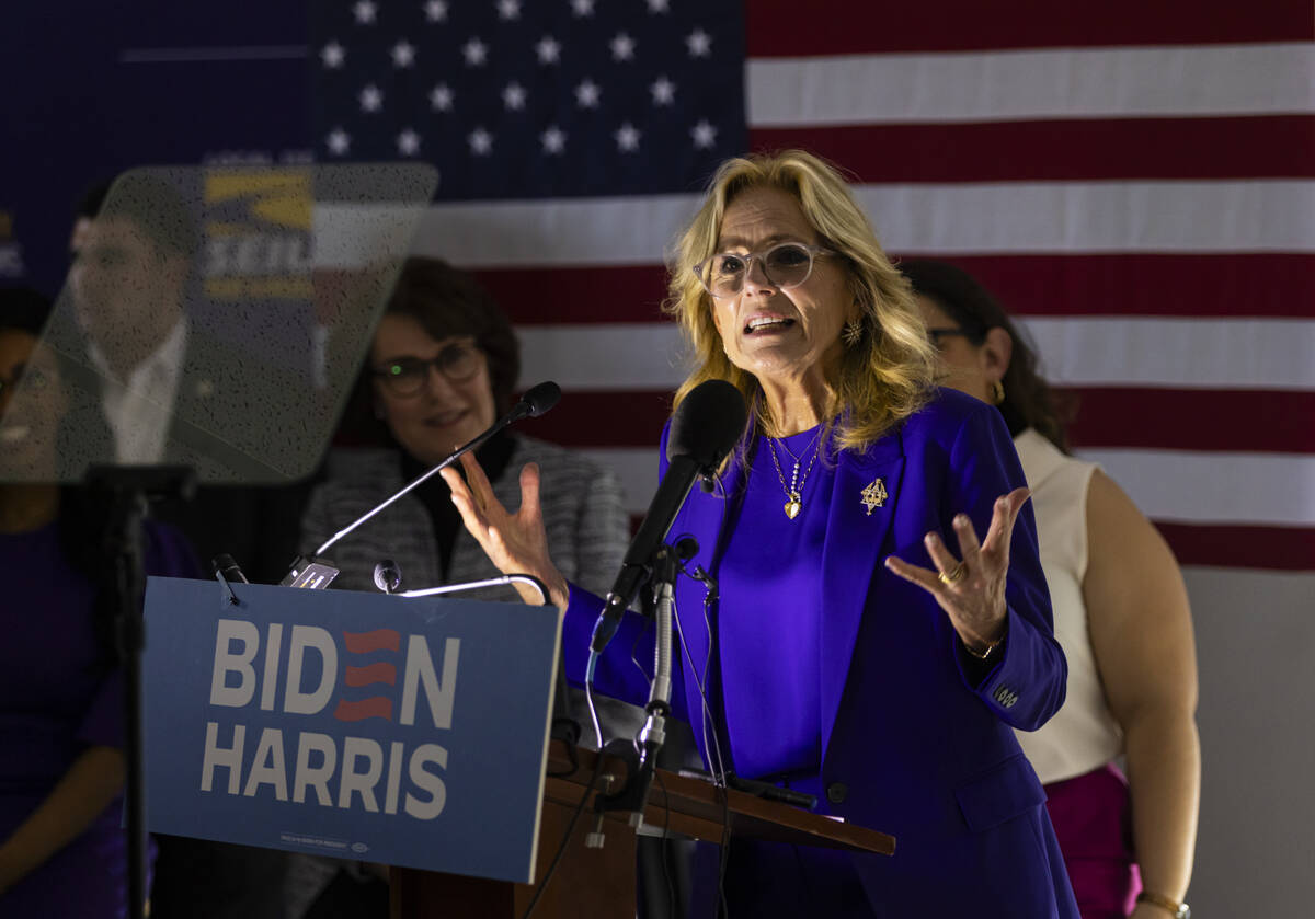 First lady Jill Biden speaks to supporters during a campaign event encouraging women to vote at ...