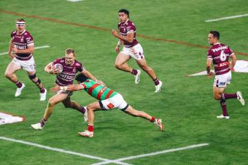 A rugby match between the Sea Eagles and Rabbitohs takes place during the NRL Telstra Premiersh ...