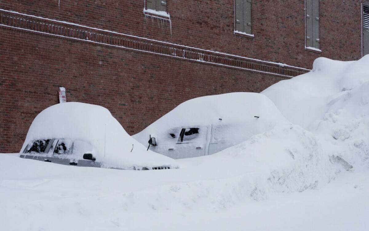 Vehicles are covered in snow during a storm, Sunday, March 3, 2024, in Truckee, Calif. (AP Phot ...