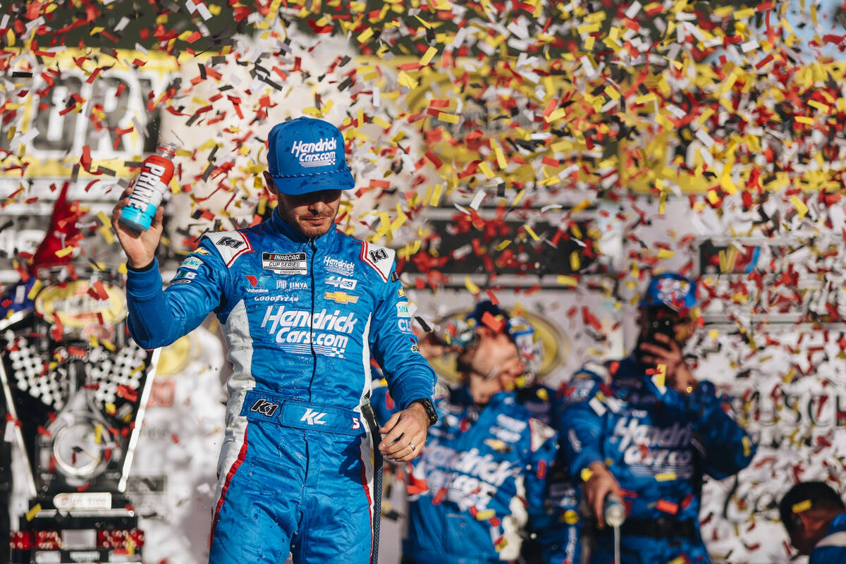 Kyle Larson celebrates winning the Pennzoil 400 NASCAR Cup Series race at the Las Vegas Motor S ...