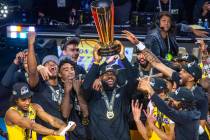 Los Angeles Lakers forward LeBron James (23) holds up the winning trophy about teammates after ...