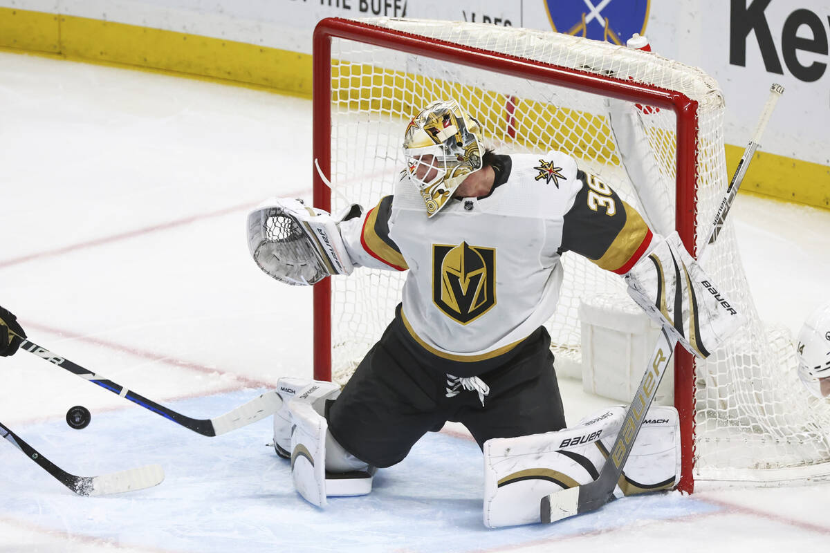 Vegas Golden Knights goaltender Logan Thompson (36) makes a pad save during the third period of ...