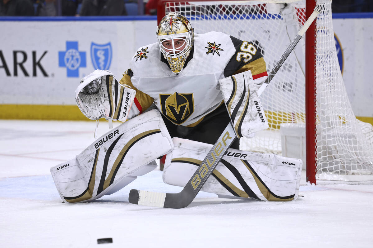Vegas Golden Knights goaltender Logan Thompson watches the puck during the first period of the ...