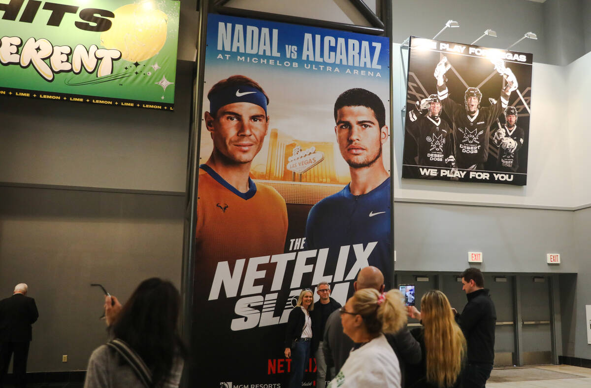A poster advertising the Netflix live tennis match between Rafael Nadal and Carlos Alcaraz on d ...