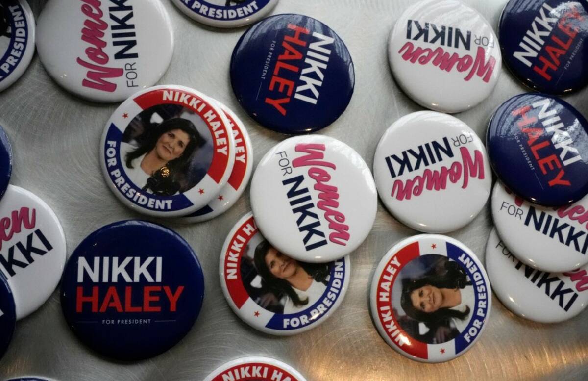 Badges on display before a campaign event for Nikki Haley in South Burlington, Vt., Sunday, Mar ...