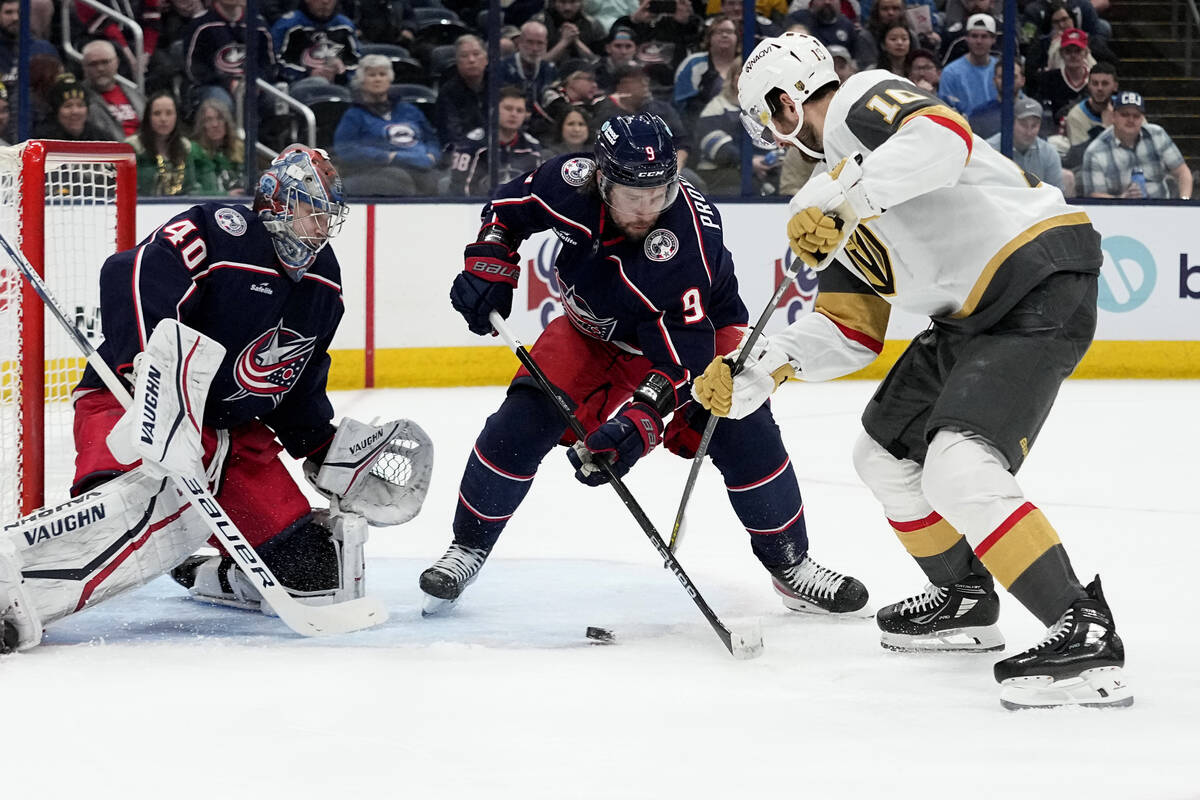 Vegas Golden Knights center Nicolas Roy (10) shoots against Columbus Blue Jackets goaltender Da ...