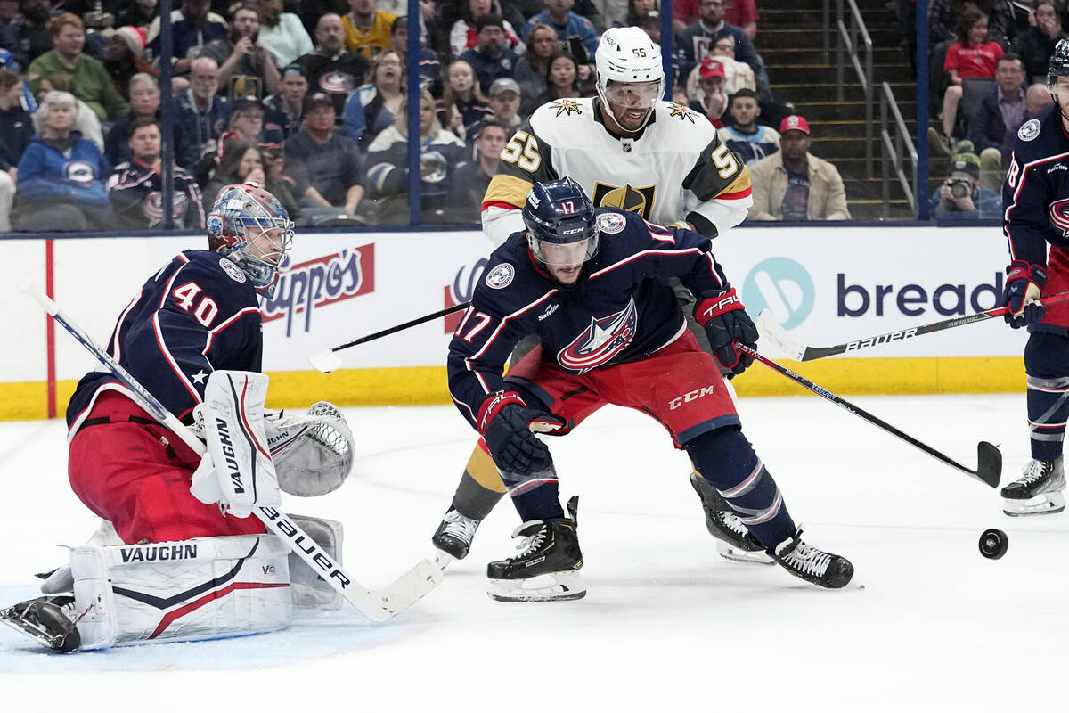 Columbus Blue Jackets goaltender Daniil Tarasov (40), right wing Justin Danforth and Vegas Gold ...