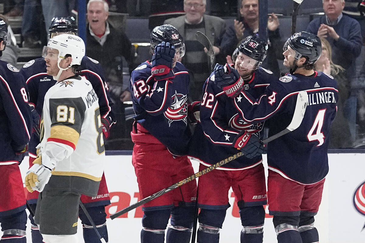 Columbus Blue Jackets left wing Alexander Nylander (92) celebrates after his third goal of an N ...