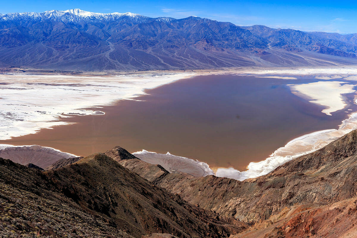 View of 'Lake Manly' from Dantes View on Monday, March 4, 2024. Winds had stopped, and the lake ...