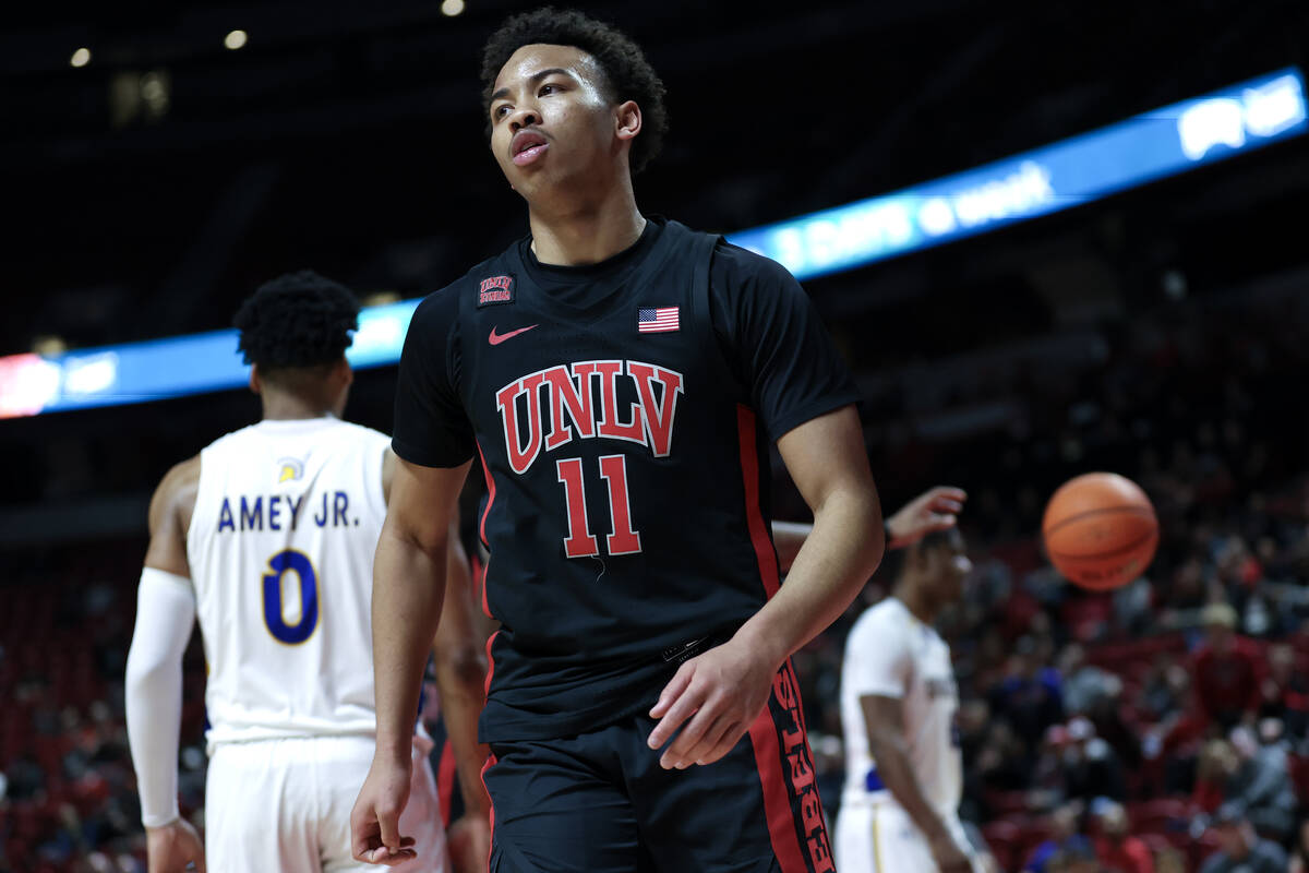 UNLV Rebels guard Dedan Thomas Jr. (11) reacts after drawing a foul from the San Jose State Spa ...