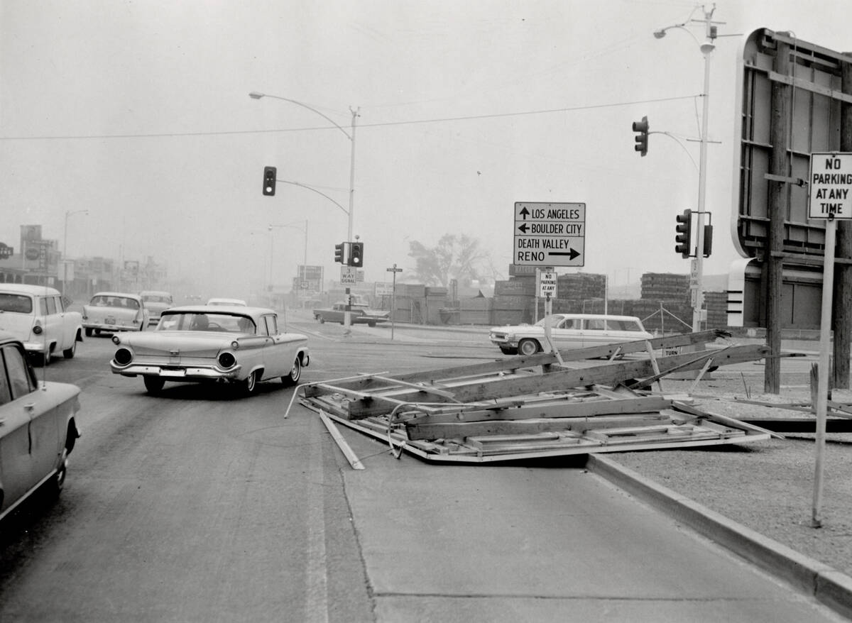 Debris is seen in the road after a wind storm June 7, 1964, in Las Vegas. (File/Las Vegas Revie ...