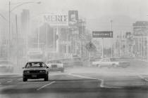 Dust obscures the Strip near Sahara Avenue during a wind storm June 18, 1982 in Las Vegas. (Sco ...