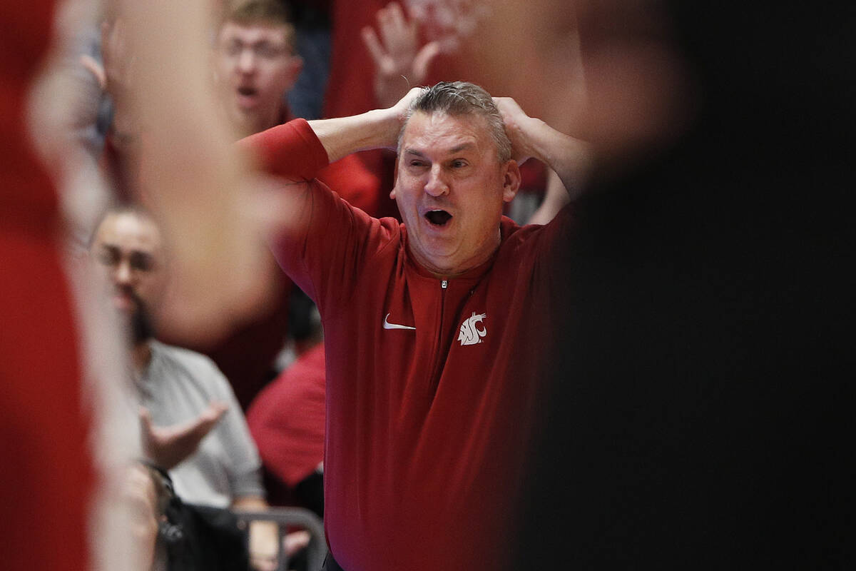 Washington State head coach Kyle Smith reacts after a foul call during the first half of an NCA ...