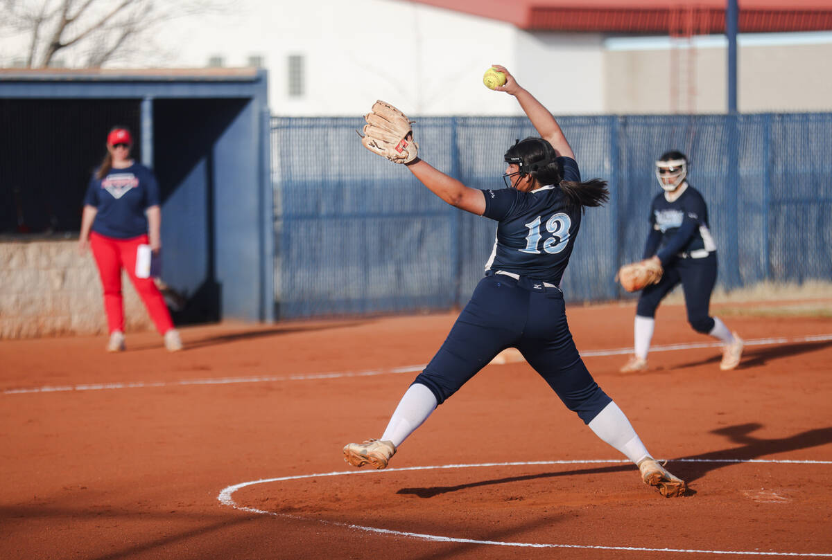 Foothill High School’s Isabella Higuera (13) pitches the ball against Liberty High schoo ...