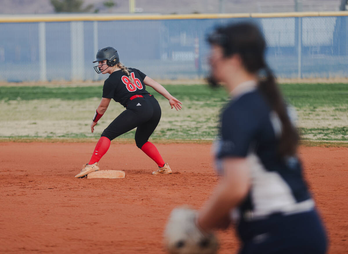 Liberty High School’s Morgyn Vesco (86) prepares to run to third base against Foothill H ...