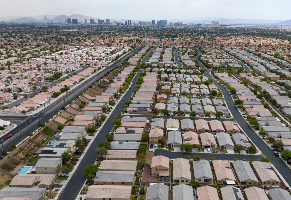 An aerial photo shows homes near Buffalo Drive on Thursday, June 15, 2023, in Las Vegas. (Bizua ...