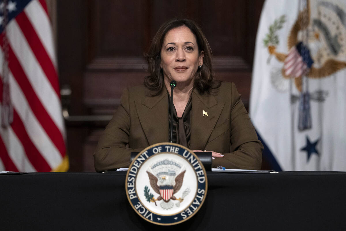 Vice President Kamala Harris speaks as she meets with voting rights leaders, in the Indian Trea ...