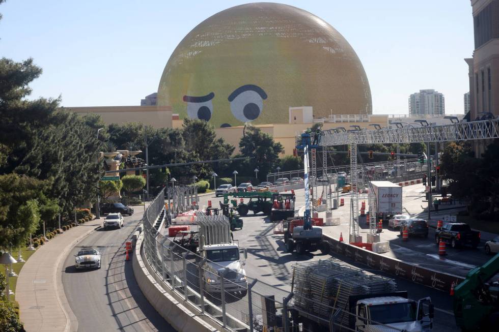 Emoji looks on as crews remove fencing from the Las Vegas Grand Prix course. (K.M. Cannon/Las V ...