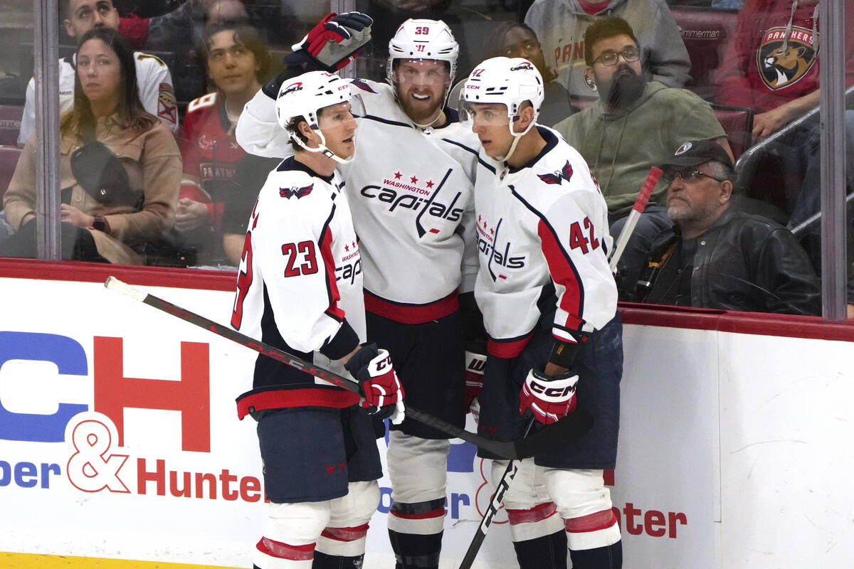 Washington Capitals right wing Anthony Mantha (39) celebrates after a goal against the Florida ...