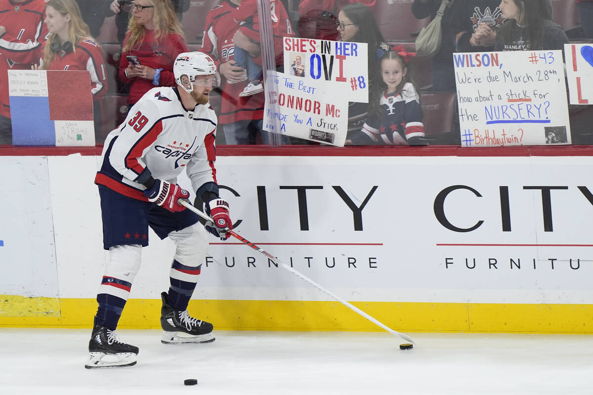 Washington Capitals right wing Anthony Mantha warms up before the start of an NHL hockey game a ...