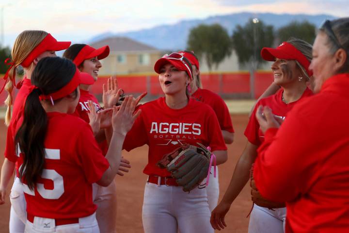 Arbor View celebrates after defeating Centennial in a high school softball game at Arbor View H ...