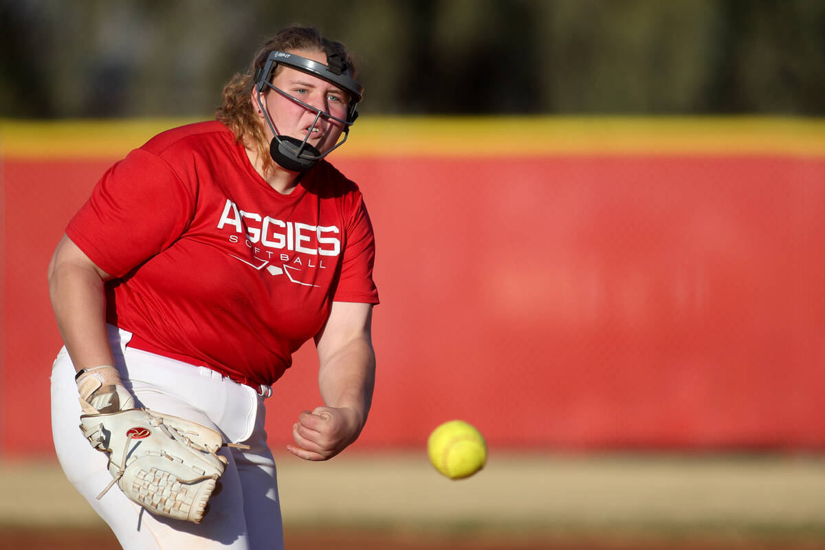 Arbor View pitcher Audrey Melton throws to Centennial during a high school softball game at Arb ...