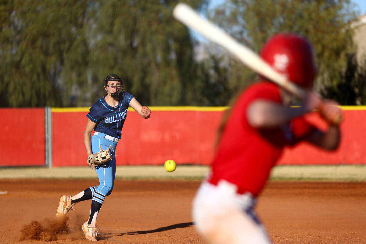 Centennial pitcher Lily Fournier (4) throws to Arbor View during a high school softball game a ...
