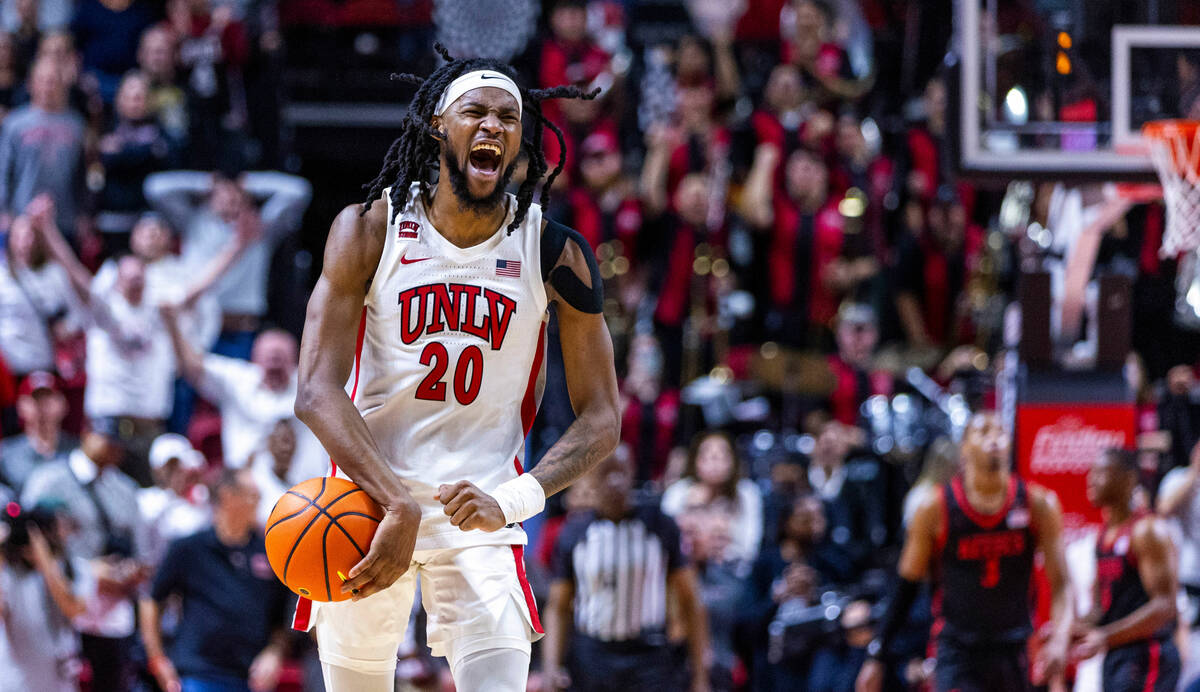 UNLV forward Keylan Boone (20) celebrates a critical turnover late in the game against the San ...