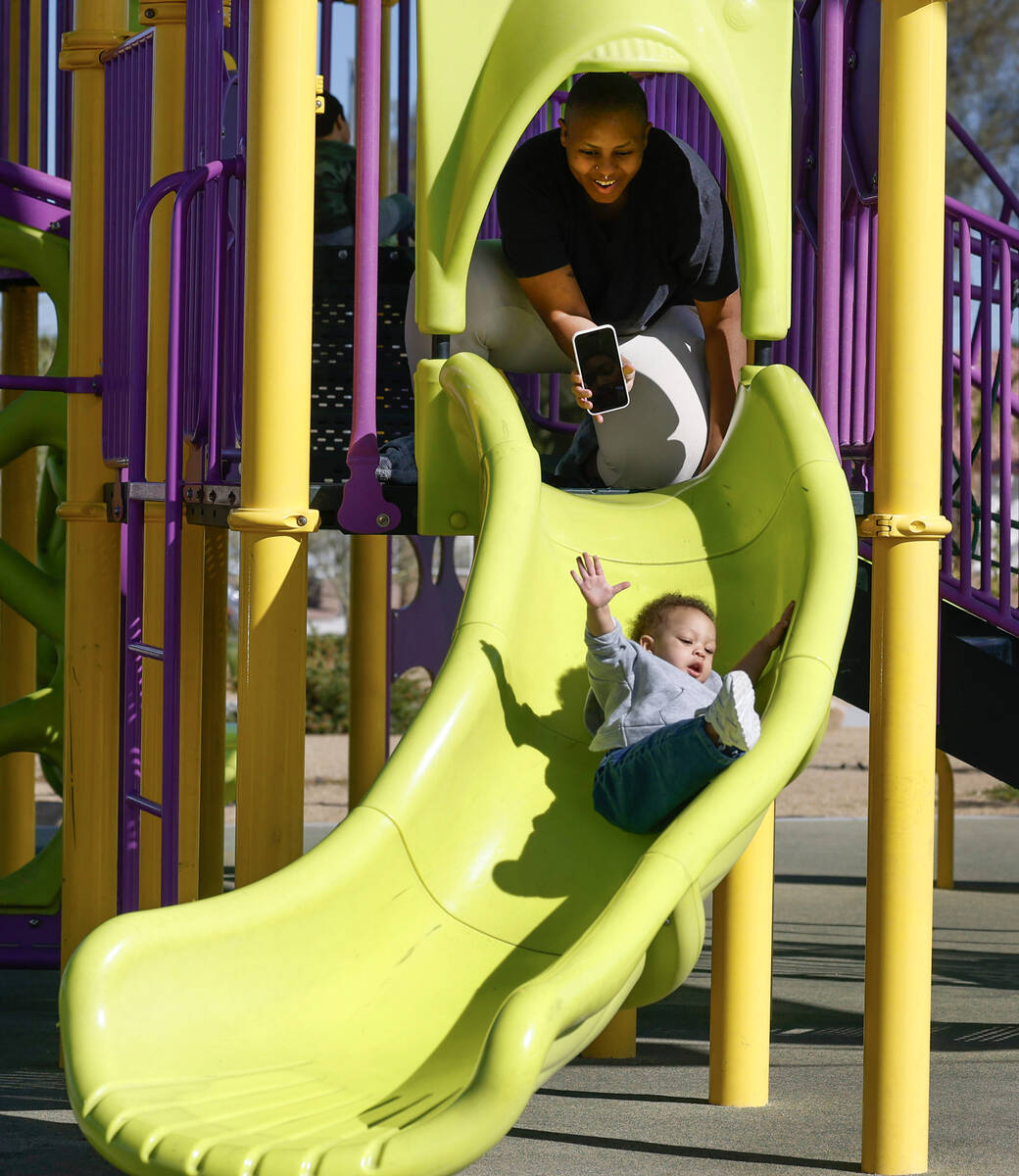 Aiyana Flores plays with her 14-month-old daughter Laelia at Echo Trail Park, on Tuesday, March ...