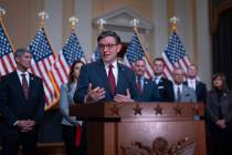 Speaker of the House Mike Johnson, R-La., joined by fellow Republicans, speaks during a news co ...
