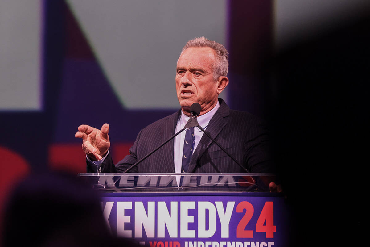 Independent presidential candidate Robert F. Kennedy speaks to a crowd at Area 15 in Las Vegas, ...