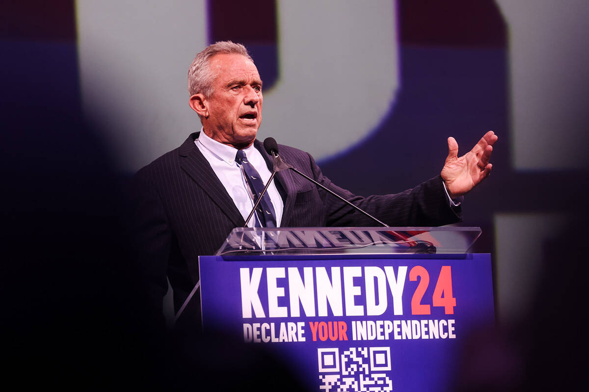 Independent presidential candidate Robert F. Kennedy speaks to a crowd at Area 15 in Las Vegas, ...