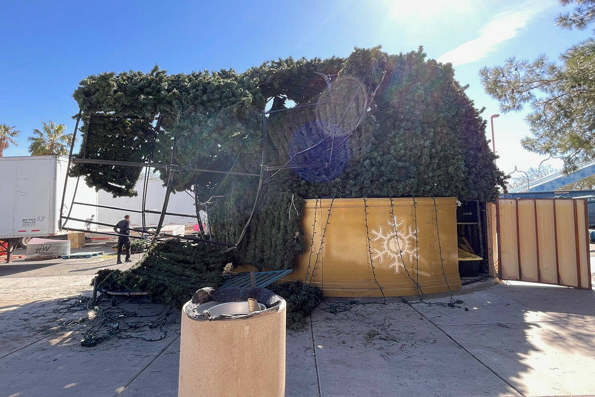 Opportunity Village's 65-foot Christmas tree after wind storms hit the Las Vegas Valley last we ...