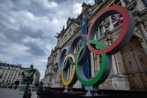 The Olympic rings are seen in front of the Paris City Hall, in Paris, on April 30, 2023. Paris ...