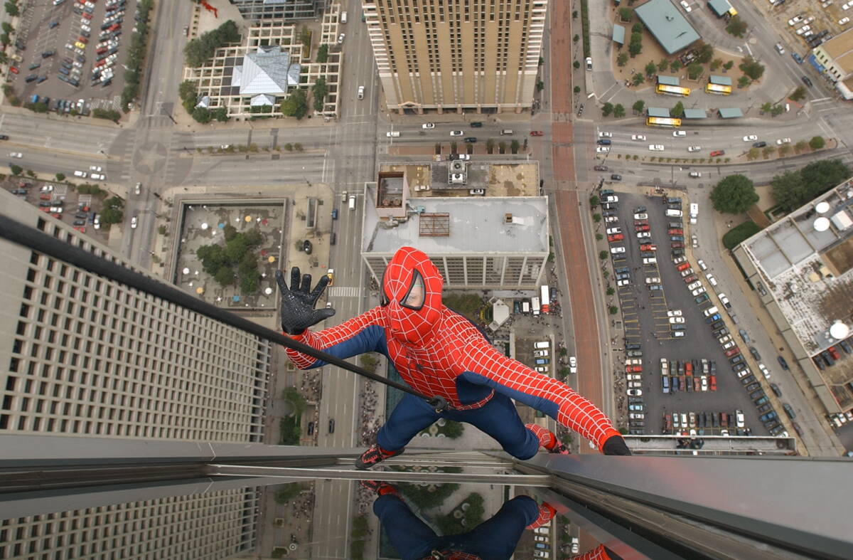 Las Vegas stuntman and character actor Rich Hopkins, shown here as Spider-Man, decries the fact ...