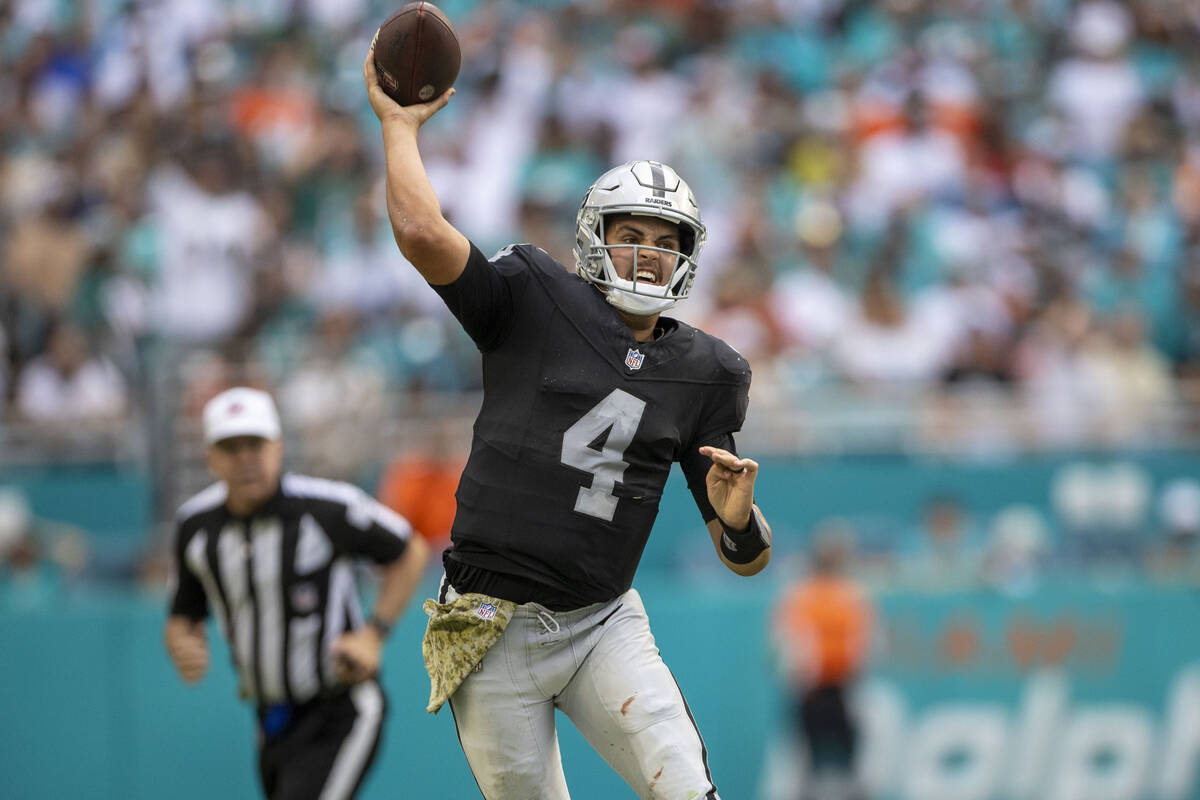 Raiders quarterback Aidan O'Connell (4) throws during the second half of an NFL game against th ...