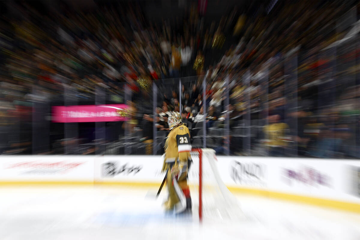 Golden Knights goaltender Adin Hill (33) watches the action from across the ice during the seco ...