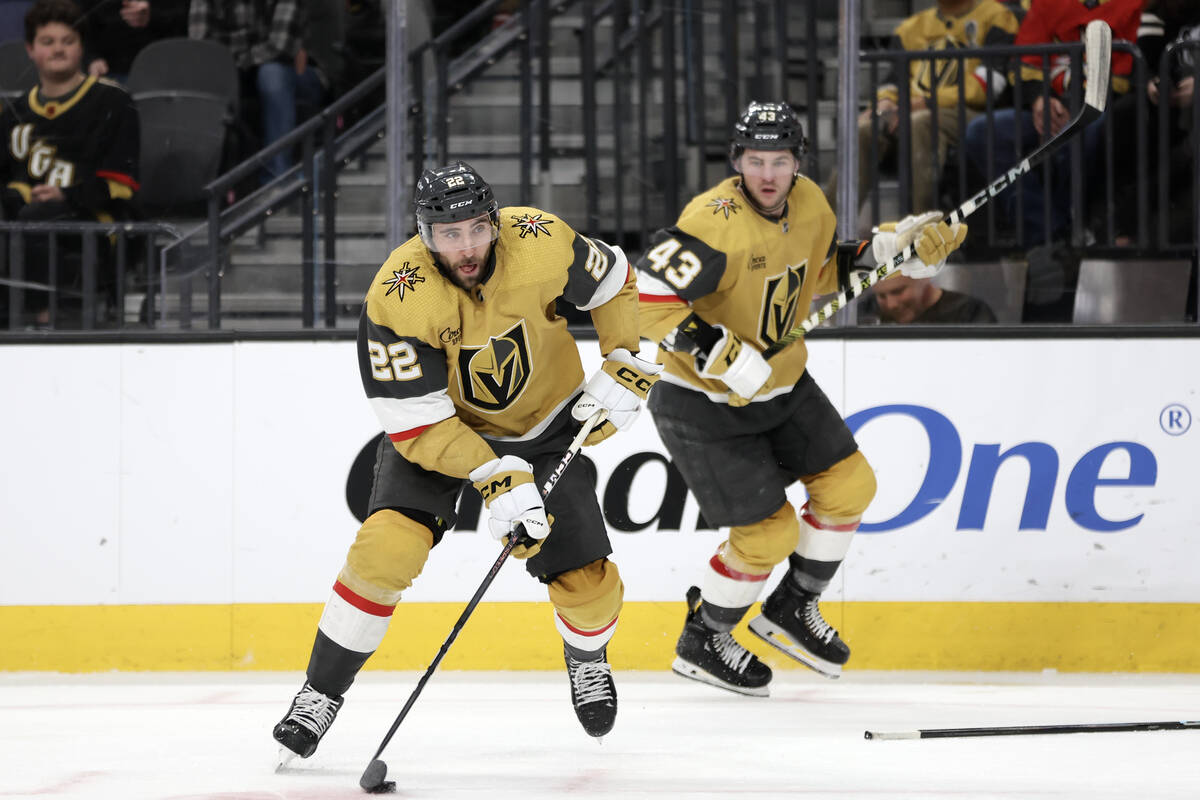 Golden Knights right wing Michael Amadio (22) skates for the net during the third period of an ...