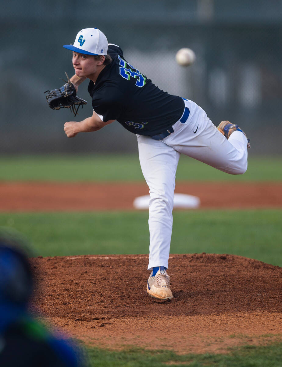 Green Valley pitcher Joseph Steidel (37) releases a pitch against a Silverado batter during the ...