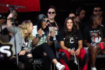 Las Vegas Aces guard Kelsey Plum, center right, is called up to speak during a celebration of h ...