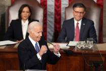 President Joe Biden gestures to Republicans as Vice President Kamala Harris and House Speaker M ...